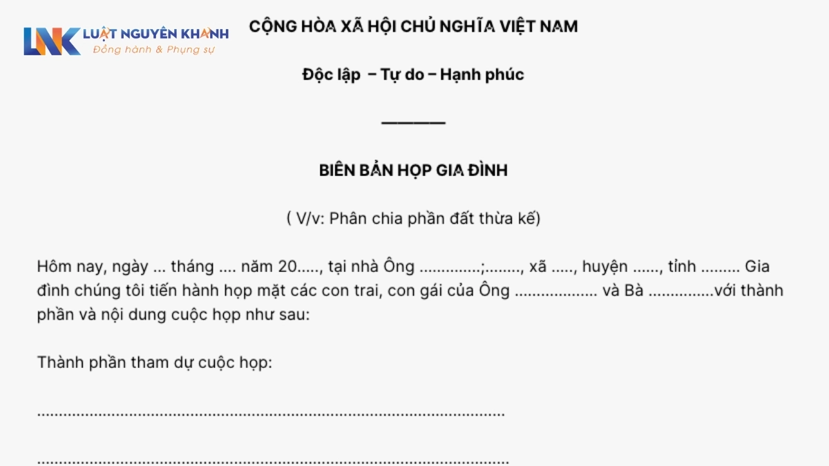 Mẫu biên bản họp gia đình thừa kế về việc chia tài sản