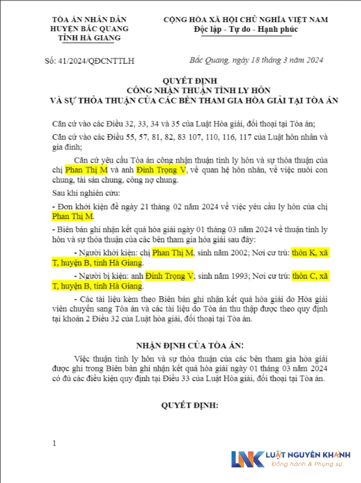 Mẫu giấy quyết định ly hôn của Tòa án Mới nhất 1 Mẫu giấy quyết định ly hôn