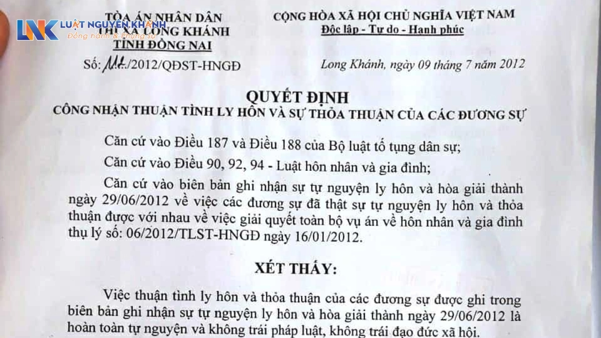 Mẫu giấy quyết định ly hôn của Tòa án Mới nhất